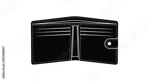 An open black leather wallet with card slots and a snap closure a striking silhouette