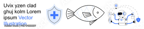Healthcare, technology, marine biology, security, digital technology, futuristic innovation. A shield with a cross, a fish and tech-themed icons. Healthcare and technology concepts