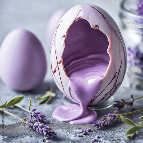 Close-up of a cracked white chocolate egg with purple marbled patterns, revealing thick lavender cream flowing out, surrounded by fresh lavender on a grey textured background.