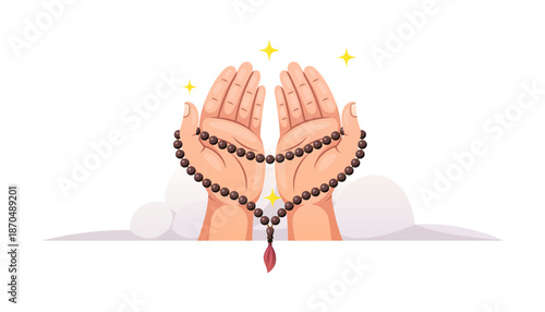 Praying hands holding prayer beads isolated on white background.