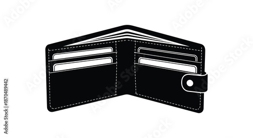A black open wallet displaying card slots and cash compartments a minimalist silhouette
