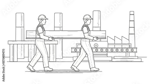 Two factory workers in hard hats and overalls carrying a long wooden beam together, with industrial buildings and machinery in the background.