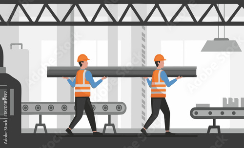 Two factory workers in hard hats and high-visibility vests carrying a heavy metal beam inside an industrial building with conveyor belts.