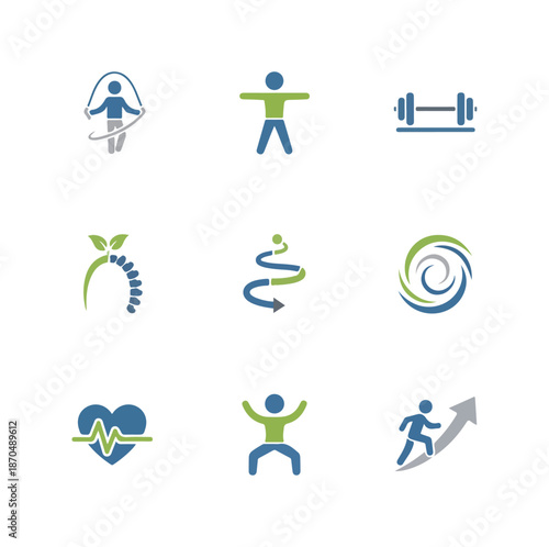 Icon set illustrating fitness exercise and well being symbols