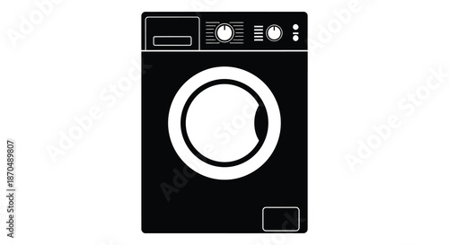 A stark black and white illustration of a modern front loading washing machine silhouette