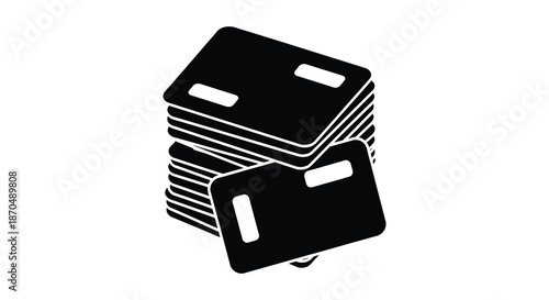 A stack of black plastic cards with cutouts presented in a stark minimalist silhouette