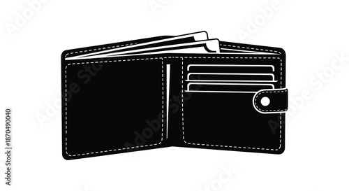 A black and white illustration depicting an open wallet with card slots a sleek silhouette