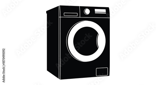 A stark black and white illustration of a modern washing machine showcasing its simple design silhouette