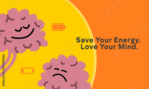 Mind Health, mindfulness concept with smiling brains and low battery symbols on bright background
