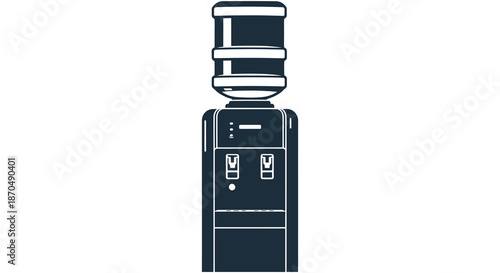 A striking black and white illustration depicting a modern water cooler dispenser a minimalist silhouette