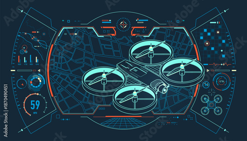 surveillance drones or aerial mapping technology, graphic of lined drone with GPS background and futuristic geographic interface