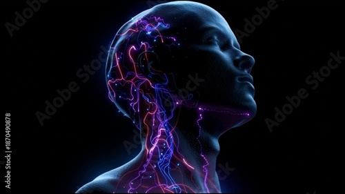 Burnout syndrome. Work stress. Emotional fatigue. Job overload. Psychological strain. Energy depletion. Coping mechanisms. A digital representation of a human head with colorful neural patterns.