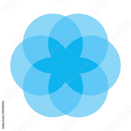 Bright blue six circle venn diagram with layered floral overlap creating complex intersection vector infographic for data relationship chart model business geometric element round design info