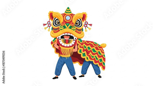 Vibrant lion dance performer in traditional colorful costume with intricate design standing against plain white background for cultural event or festival celebration