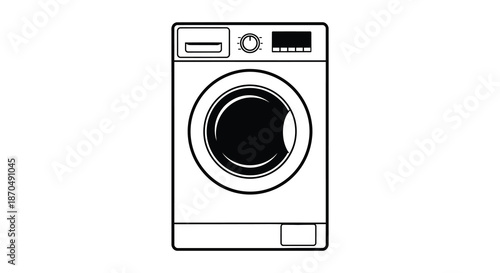 A simple black and white line drawing depicts a modern front loading washing machine silhouette