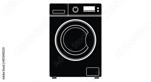 A striking black and white illustration of a modern front loading washing machine silhouette