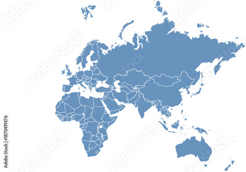 World map illustration showing continents of Europe Asia Africa and Australia with clear country borders for global reference