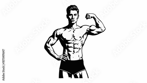 Muscular Man Posing Showing Biceps and Abs Silhouette.