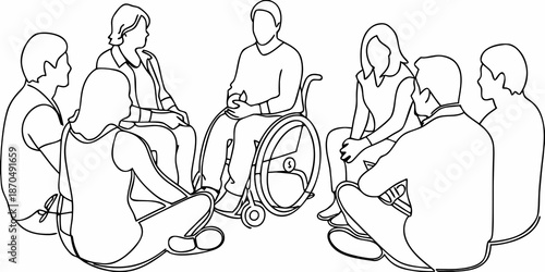A group of people sitting in a circle including someone in a wheelchair