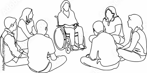 A group of people sitting in a circle including a person in a wheelchair