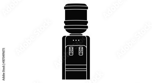 A striking black graphic representation of a water cooler dispenser in a bold silhouette