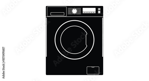 A modern front loading washing machine design presented as a striking black and white silhouette