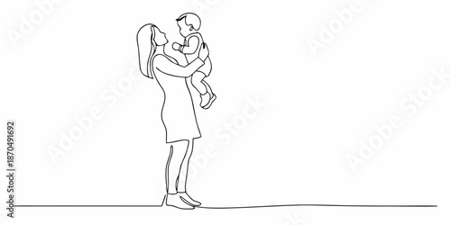 A mother lovingly holds her child aloft in a simple line drawing