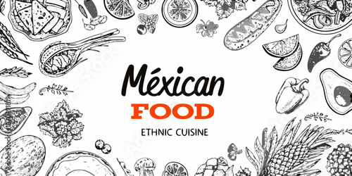 A detailed sketch showcasing various ingredients and dishes of mexican cuisine