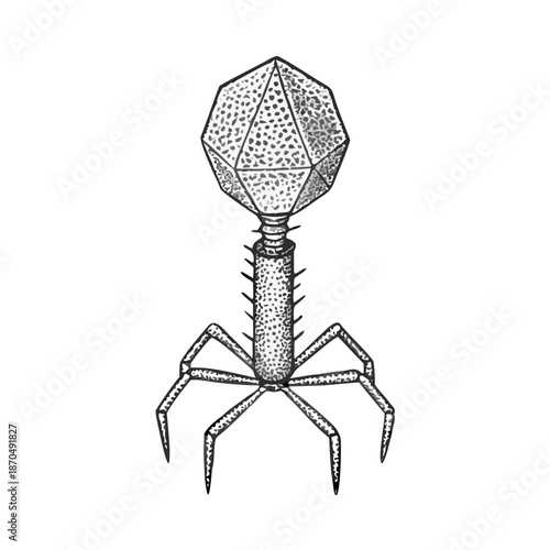 Detailed illustration of a bacteriophage virus structure against a black background