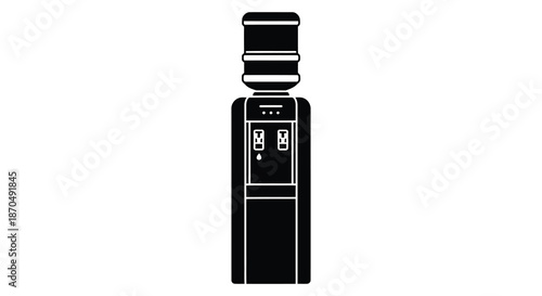 A stark black and white depiction of a modern water cooler appliance presented as a silhouette