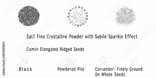 Visual comparison of different textures salt cumin coriander and black powder