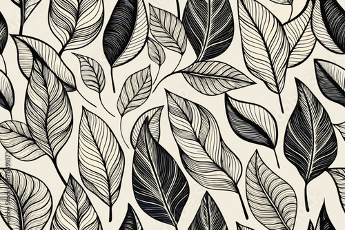 Abstract black and white design with a repetitive motif of leaves.eps