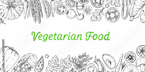 A botanical illustration showcasing a variety of fresh vegetarian produce