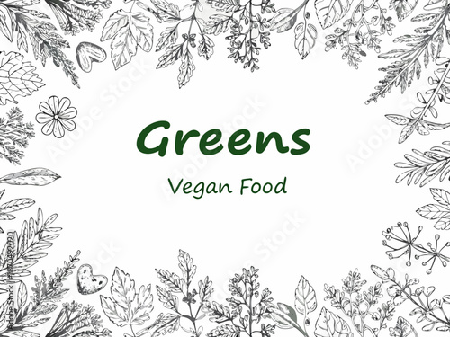 Botanical illustration with the word greens and vegan food text overlay