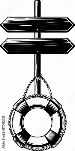 A nautical signpost with a life preserver depicting direction and safety