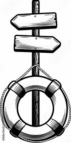 A vintage wooden signpost with a rope circle and nautical elements
