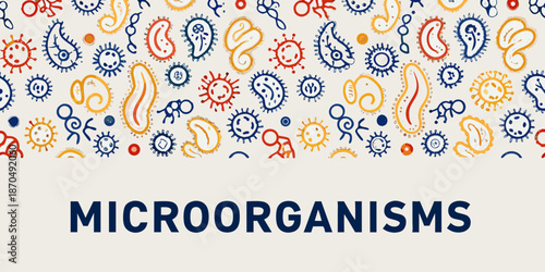 A colorful pattern of various microorganisms displayed on a light background