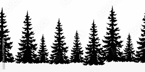 Silhouetted evergreen trees against a stark white background create a forest scene