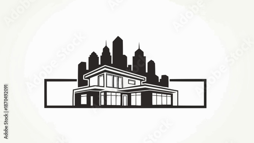 Modern House Silhouette with City Skyline Background Illustration.
