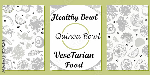 Three vertical banners promoting healthy quinoa and vegetarian food options