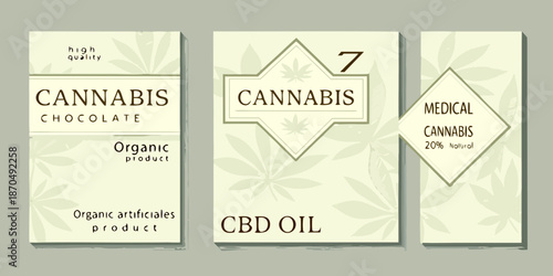 Cannabis chocolate and cbd oil product packaging designs with leaf motifs