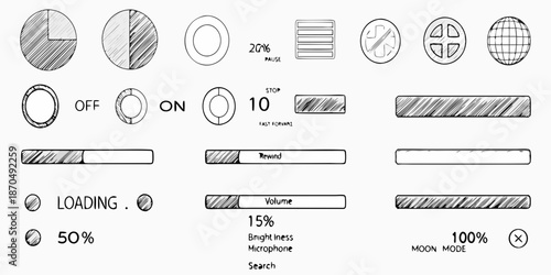 Collection of interface elements sliders buttons and loading indicators displayed