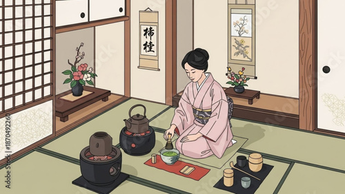 Woman in traditional japanese kimono preparing tea in serene tatami room with shoji screens and sliding doors with Japanese culture and tea ceremony