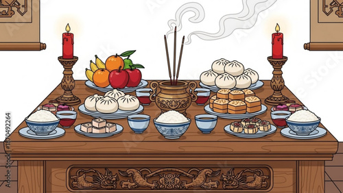 Traditional chinese dining table with steamed buns fruit and tea with chinese food and asian cuisine and celebration meal and festival gathering
