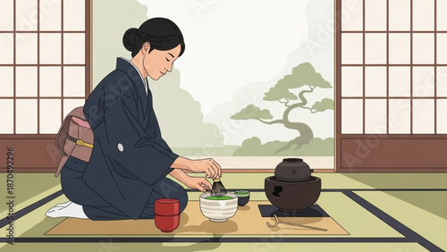Woman in traditional japanese kimono preparing tea in serene tatami room with shoji screens and bonsai tree with tea ceremony and serene atmosphere