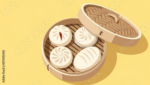 Steamed dumplings in a bamboo steamer basket on a yellow background illustration with food illustration and asian cuisine and dumpling illustration