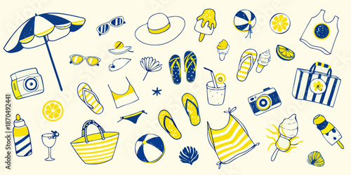 A colorful summer collection featuring beach items in blue and yellow tones