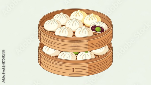 Steamed dumplings in a traditional bamboo steamer basket on a light background with dim sum and chinese food and asian cuisine and meal and cooking
