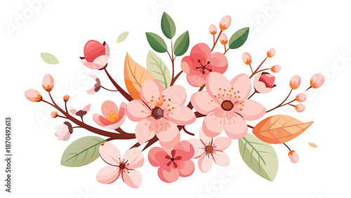Clipart of delicate cherry blossoms with soft pink petals against a white background, symbolizing spring and renewal..eps