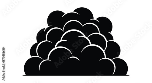 A dense rounded mass of dark shapes forms an abstract cloud like silhouette